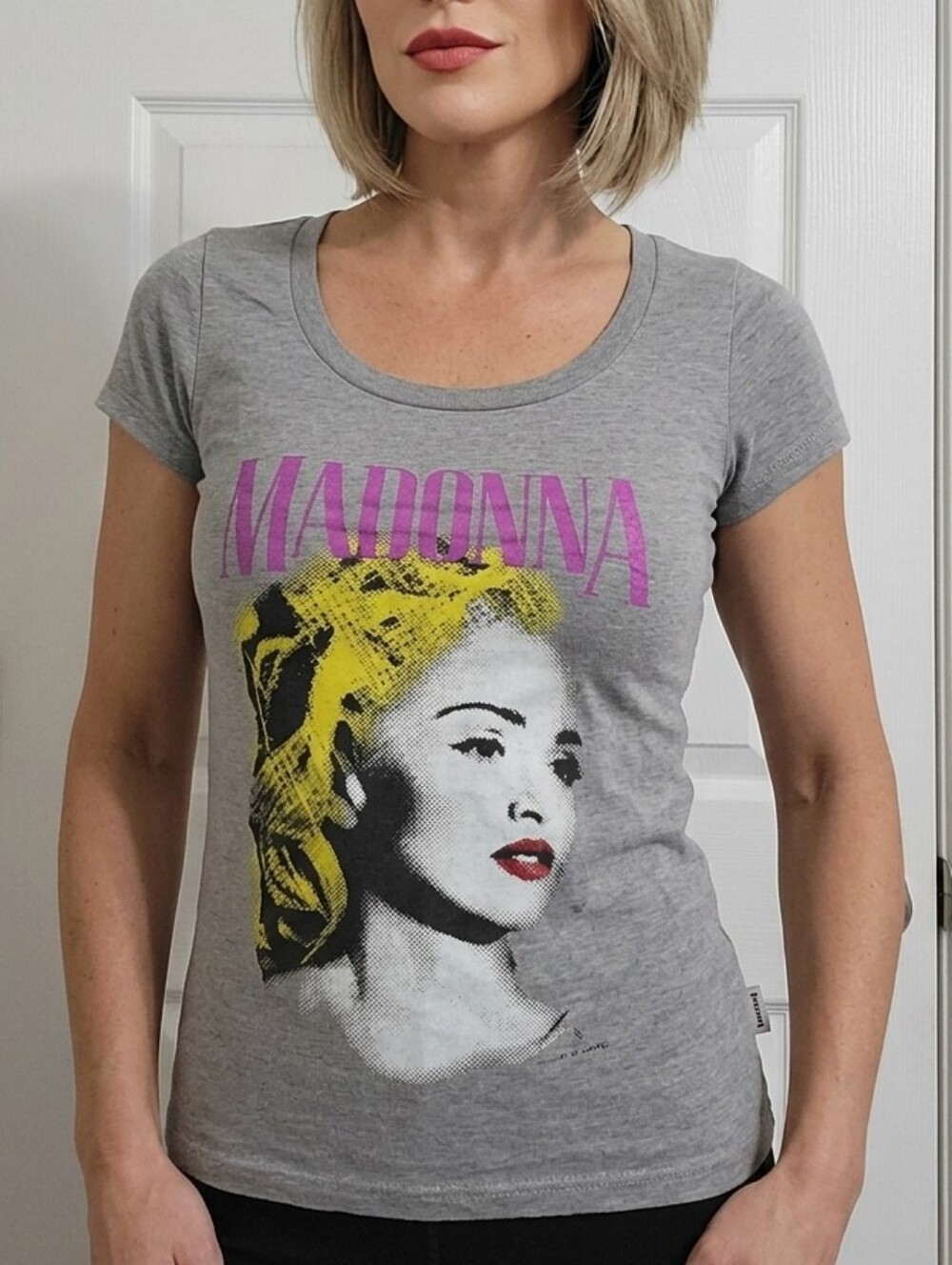 RARE Madonna Graphic Scoop Neck Tee - Gray with Yellow & Pink Print
